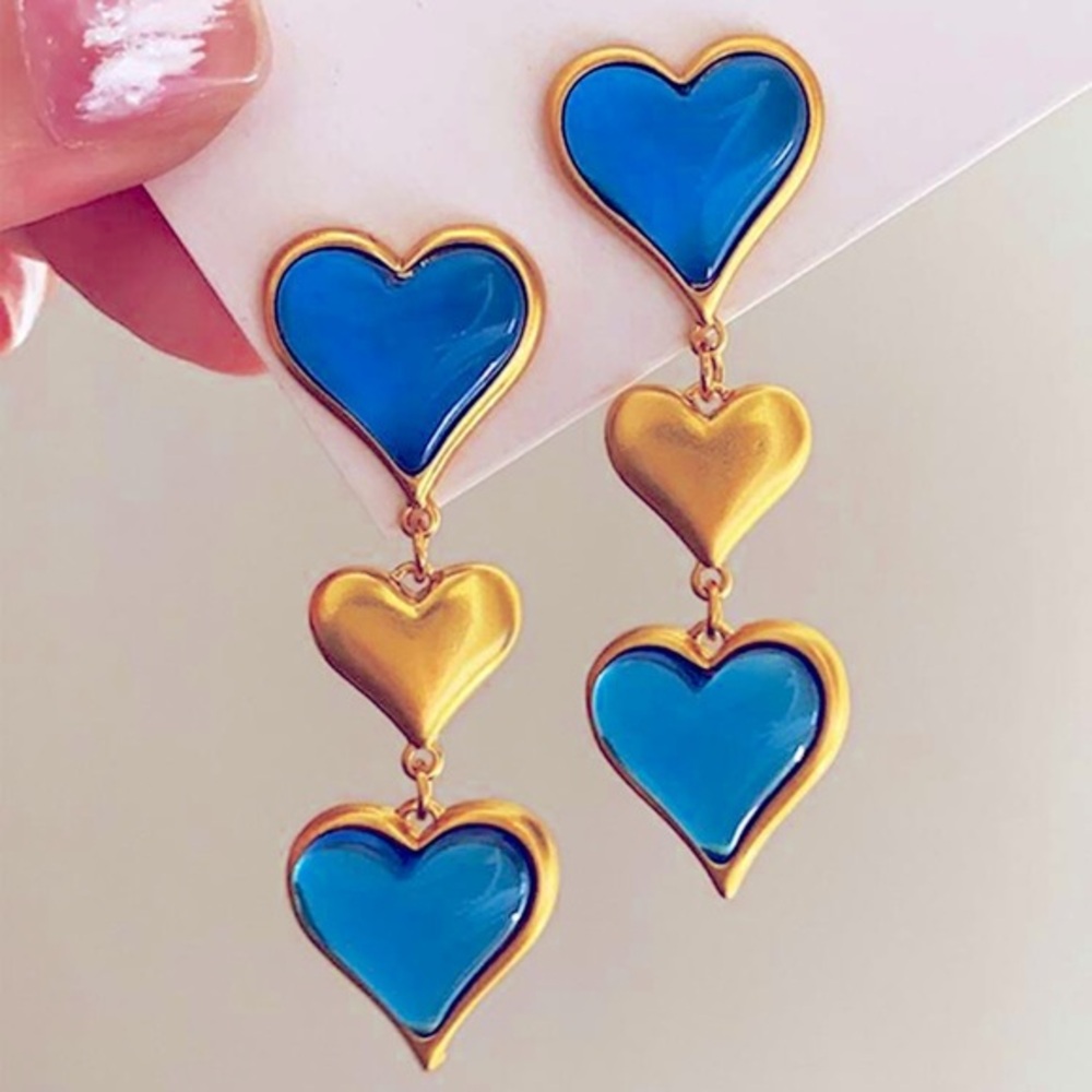 New Blue & Gold Heart Dangle Earrings